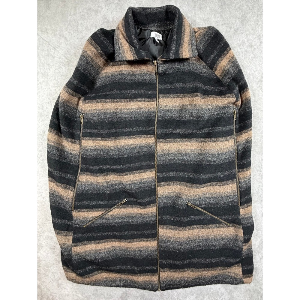 Tobi Womens Medium Poncho Coat Wool Blend Black Tan Gray Striped Full Zip Lined